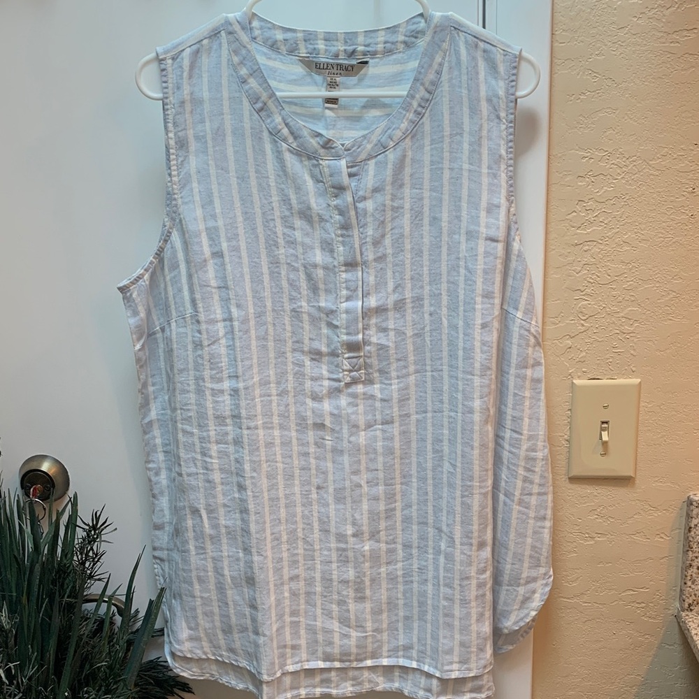 Ellen Tracy Blue and White Striped Linen Tank Top